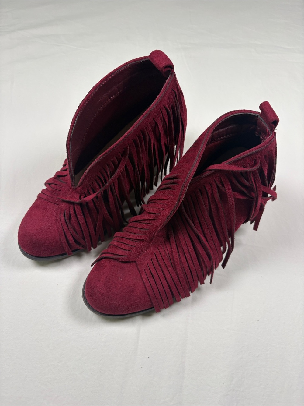 Fringe Suede Ankle Booties in Burgundy - Women